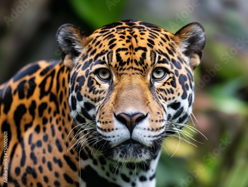 A captivating close-up of a jaguar, its gaze piercing through the surroundings, showcasing its majestic beauty © cherezoff