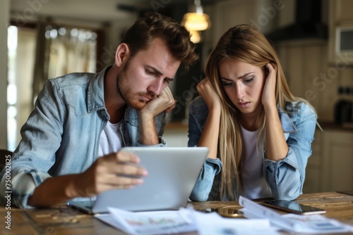 Worried Couple Analyzing Financial Documents  Emphasizing Significant Cryptocurrency Losses and Stress Amid Economic Chaos