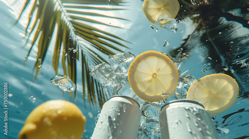 White drink can, hovering flying above the crystal clear water beside a gorgeous palm leaf. photo
