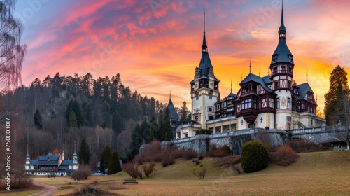 Gothic castle in hilly area, sunrise light