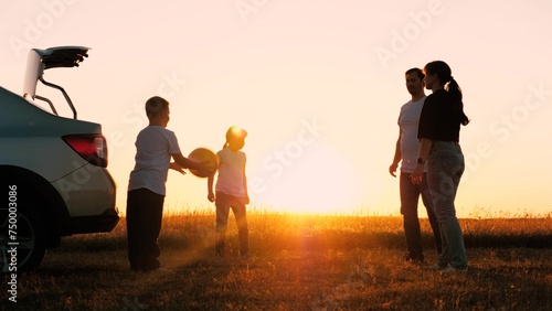 happy family, family travel by car, silhouette happy family game car, travel family sunset, car trip mother father daughter son boy girl, team work, play outdoors kid parents, favorite mother father