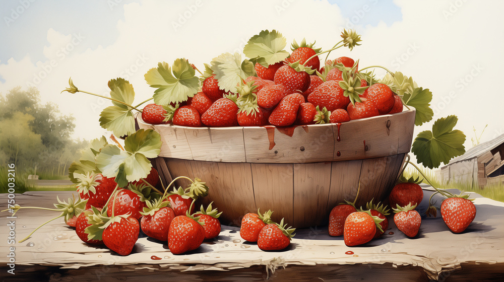 Overflowing with ripe strawberries, a bountiful basket exudes freshness, while the addition of fresh green leaves infuses the scene with natural vibrancy. Overflowing with ripe strawberries, a bountiful basket exudes freshness, while the addition of fresh green leaves infuses the scene with natural vibrancy.