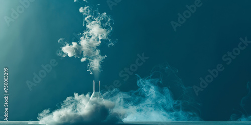 Dry ice sublimating in a flask with swirling smoke against a cool blue background photo