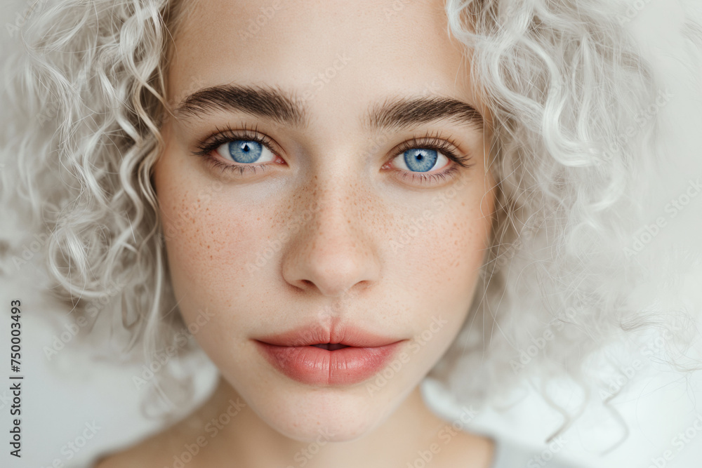 Young beautiful freckles woman. Girl with blue eyes and white curly hair