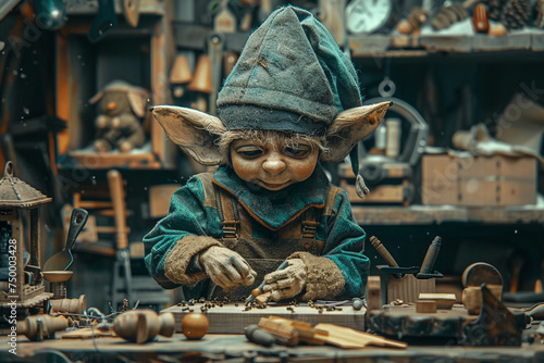 Elf With Pointy Ears And A Green Outfit Making Toys In A Workshop