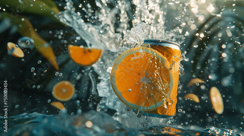 Orange drink can, hovering flying above the crystal clear water beside a gorgeous palm leaf.