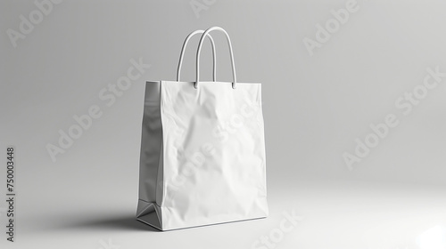 White Folded paper bag with handle isolated on white background. Paper bag. Kraft paper shopping bag. White folded paper bag with handle. Empty grocery paper bag. Recycled carton package. Mock up