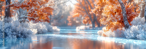 Winter Wonderland, Frozen River Through Snow-Covered Forest, Serene Nature Landscape Under Blue Sky