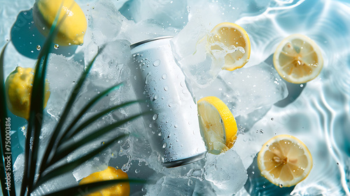 White drink can, hovering flying above the crystal clear water beside a gorgeous palm leaf. photo