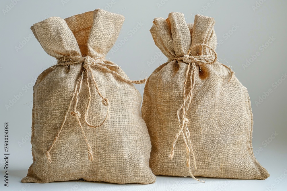 Obraz premium Burlap Sacks Tied with Jute String on Neutral Background