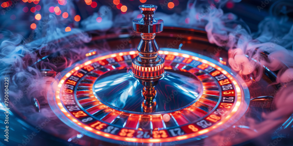 A close-up of a vibrant casino roulette wheel with neon lighting and smoke effects