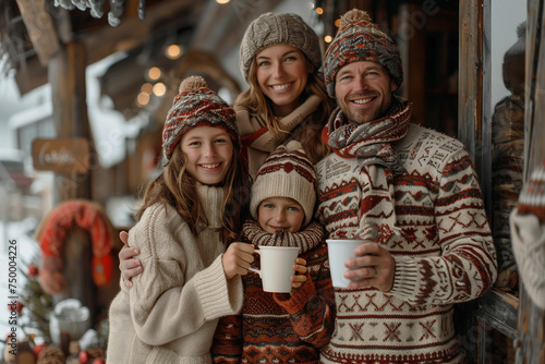 Family Of Four Wearing Matching Sweaters And Holding Mugs Of Hot Chocolate