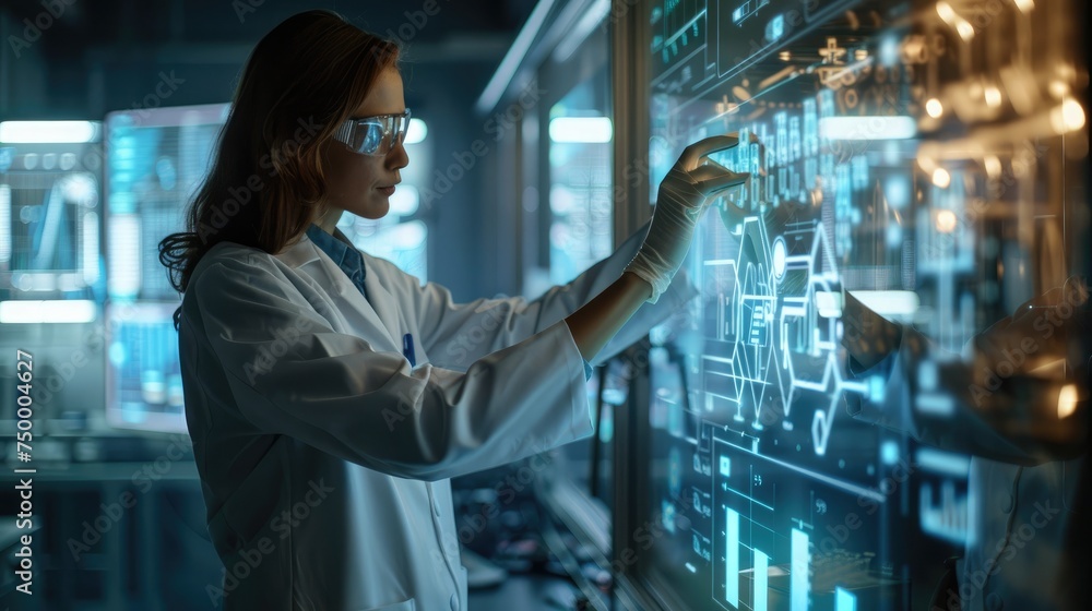In a laboratory equipped with futuristic technology, a chemist wearing a white coat meticulously diagrams a flowchart on a transparent screen, illustrating complex chemical processes. In a laboratory equipped with futuristic technology, a chemist wearing a white coat meticulously diagrams a flowchart on a transparent screen, illustrating complex chemical processes.