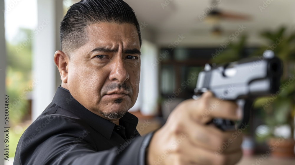Drug cartel boss is aiming with handgun, mafia fighting Drug cartel boss is aiming with handgun, mafia fighting
