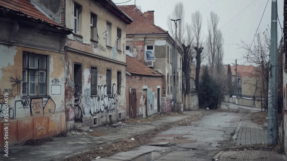 Abandoned dirty street in poor, dangerous, criminal neighborhood