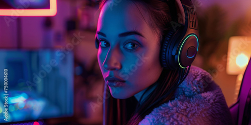 A gamer's intense gaze in a vibrant neon-lit setting