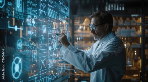 Within the confines of a futuristic chemical laboratory, a chemist clad in a white coat meticulously diagrams a flowchart on a transparent screen.