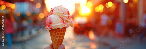 Hand holding a melting double-scoop ice cream cone against a blurred sunset backdrop