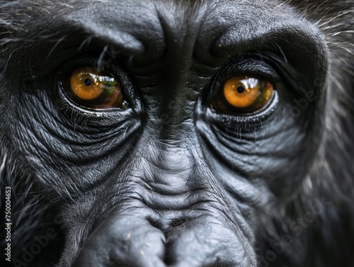 An intense close-up of a gorilla's face, highlighting its penetrating gaze and deep, soulful eyes