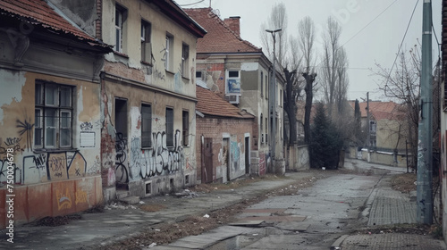 Abandoned dirty street in poor, dangerous, criminal neighborhood © Kondor83