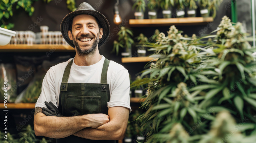 Smiling confident male budtender, worker or owner of cannabis dispensary Smiling confident male budtender, worker or owner of cannabis dispensary