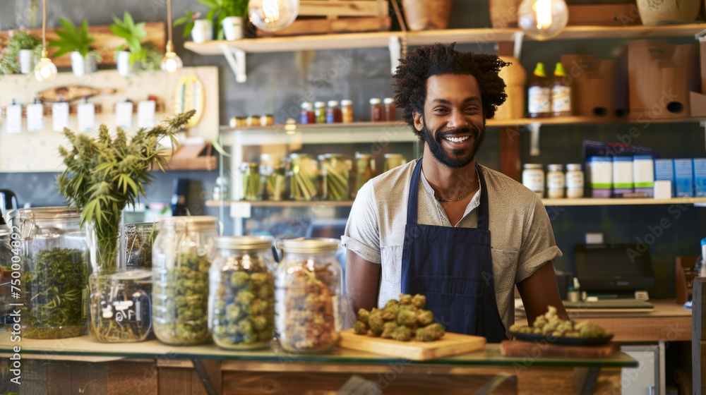 Smiling African American budtender, employee or owner of marijuana shop