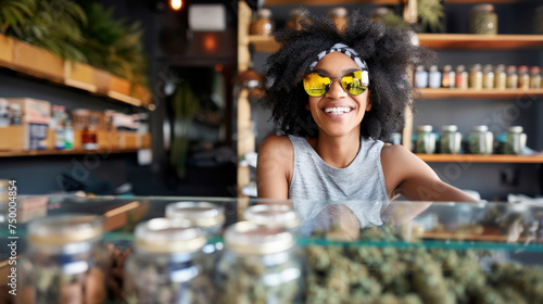 Smiling young woman, budtender, worker of marijuana shop