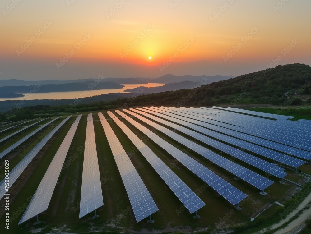 Aerial view of a solar farm at sunset, showcasing renewable energy in harmony with the natural landscape