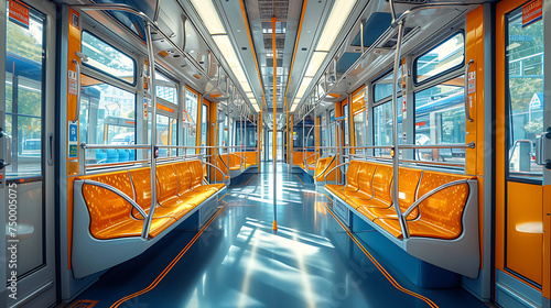 The empty interior of an german underground train, in the style of light navy and yellow, bold color choices, environmental awareness, light orange and yellow, sleek metallic finish.