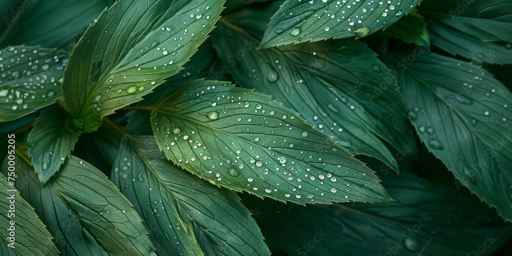 Obraz premium Water droplets on vibrant green leaves