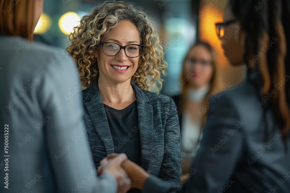middle-aged businesswoman with specs shaking hands with other women in an office space background. middle-aged businesswoman with specs shaking hands with other women in an office space background.
