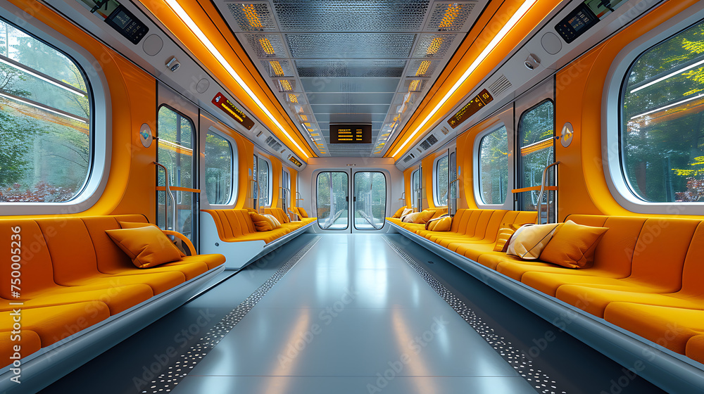 Fototapeta premium The empty interior of an german underground train, in the style of light navy and yellow, bold color choices, environmental awareness, light orange and yellow, sleek metallic finish.