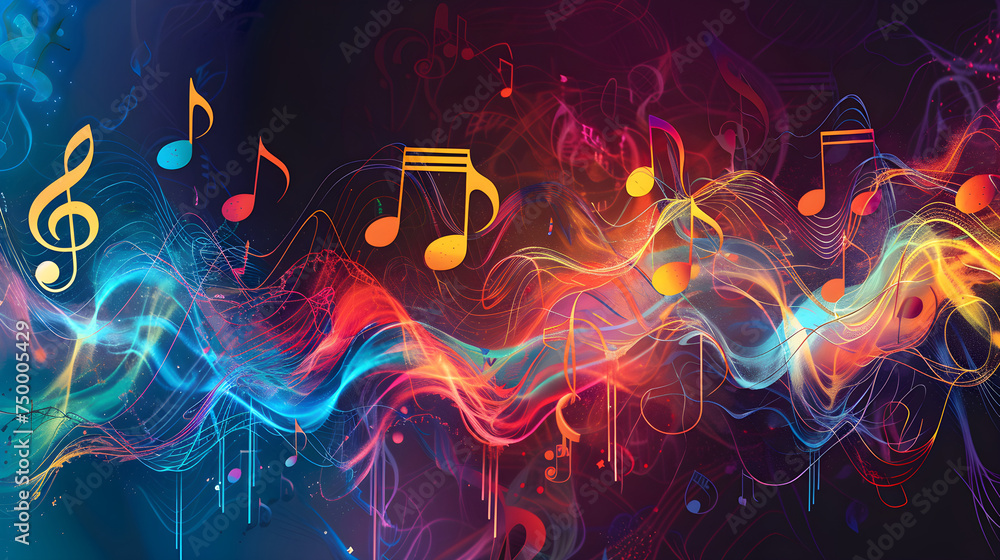 Colorful abstract music background with dynamic waves and notes - obrazy, fototapety, plakaty 