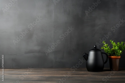 Black teapot and decorative plant on wooden table, elegant ceramic teapot and green leafy plant creating a modern stylish composition, ideal for kitchenware and home decor themes