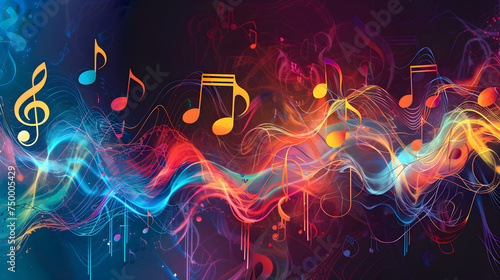 Colorful abstract music background with dynamic waves and notes