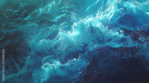 Abstract, serene underwater scene with glowing particles and waves