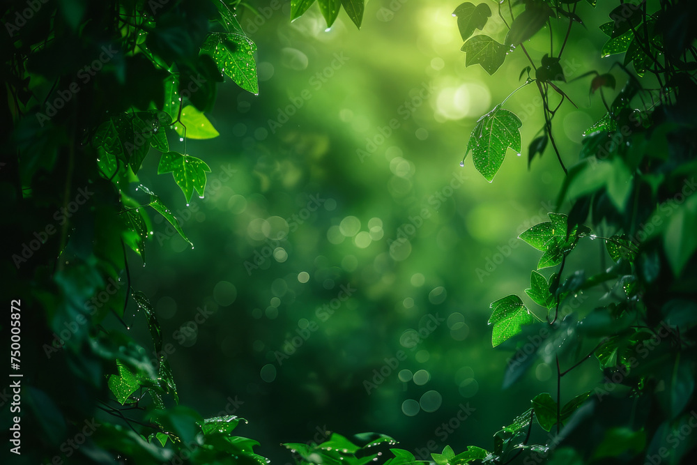 Lush Green Foliage with Dewdrops in Mystic Forest Light Lush Green Foliage with Dewdrops in Mystic Forest Light
