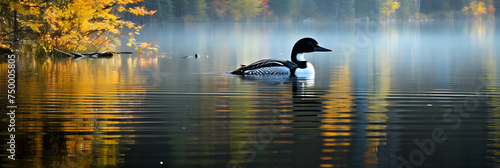 Floating Grace - A Peaceful Loon on a Secluded, Mirroring Lake Amidst Forest © Cameron
