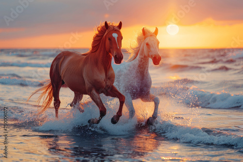 Majestic Horses Galloping in Ocean at Sunset
