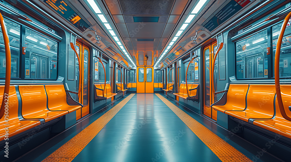The empty interior of an german underground train, in the style of light navy and yellow, bold color choices, environmental awareness, light orange and yellow, sleek metallic finish. - obrazy, fototapety, plakaty 