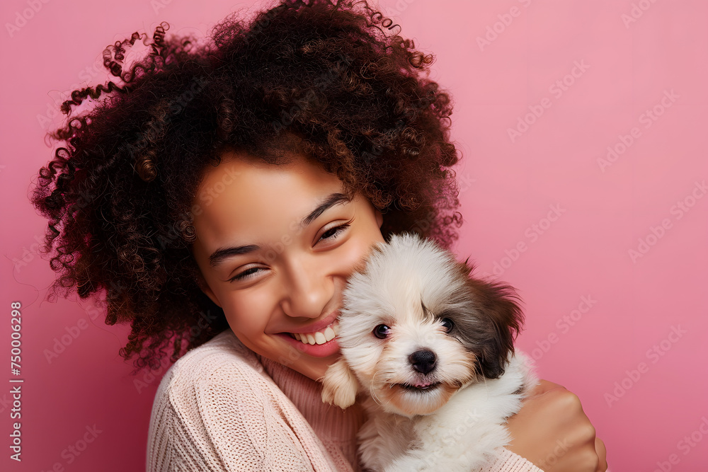 Happy young woman with curly hair hugging cute puppy, smiling as pet owner holding dog with love and care in studio, isolated on pink background Happy young woman with curly hair hugging cute puppy, smiling as pet owner holding dog with love and care in studio, isolated on pink background
