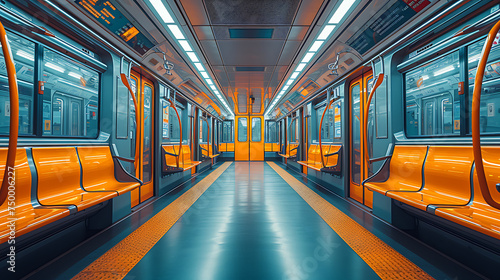 The empty interior of an german underground train, in the style of light navy and yellow, bold color choices, environmental awareness, light orange and yellow, sleek metallic finish. photo