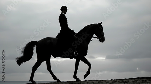 A person in black and white clothing riding a horse in a field