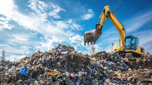 A backhoe is working on a large pile of garbage 
