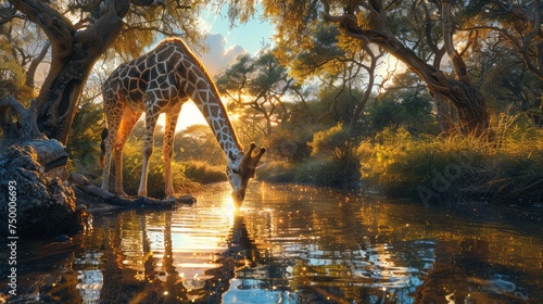 A giraffe quenching its thirst at a river in the natural landscape