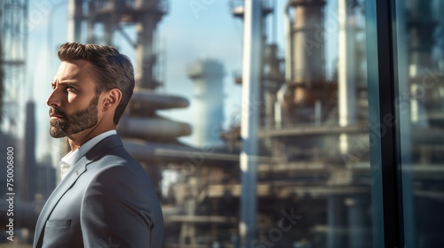 businessman looking out at oil refinery 