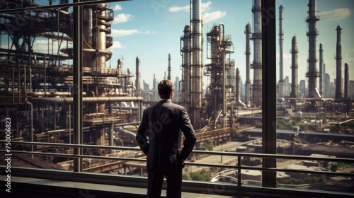 businessman looking out at oil refinery 