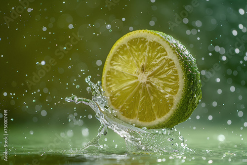 Close-up of lemon slices falling into splashing water. yellow-green background. AI Generated