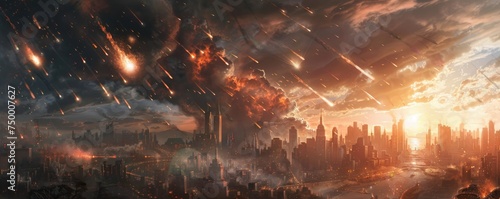 Armageddon skyline meteors raining down on an abandoned city chaos