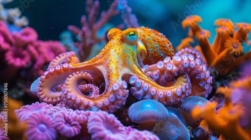 Electric blue octopus perched on colorful coral reef in marine environment © yuchen